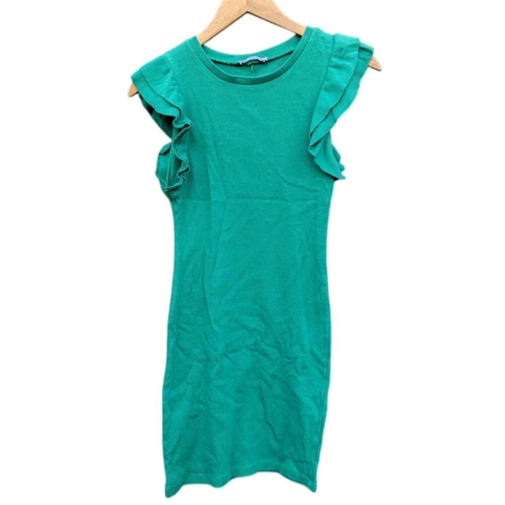 Green Preppy Zara pencil dress professional ribbed ruffle sleeve modest M midi